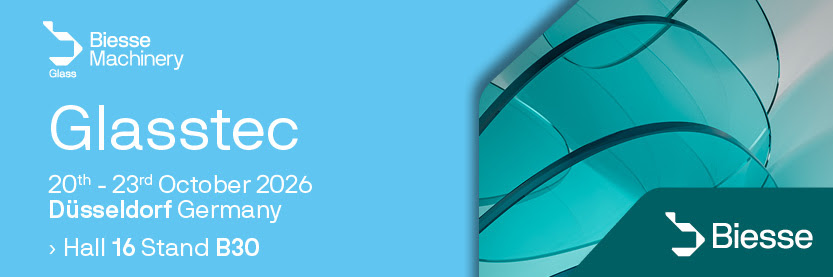 Biesse a Glasstec 2026 – Düsseldorf, 20-23 ottobre, Hall 16 Stand B30
